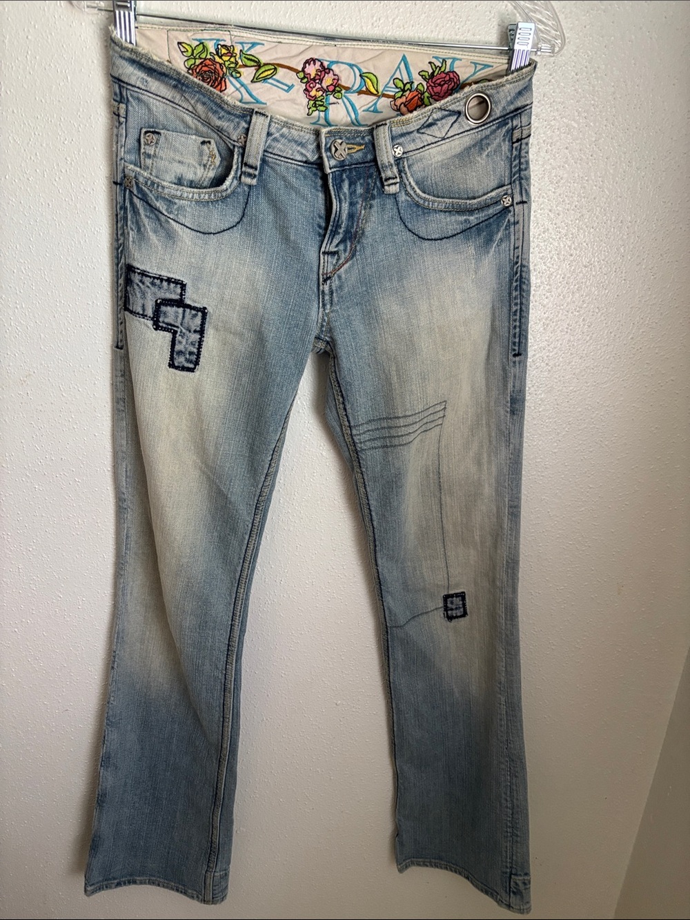 Light Wash Boot Cut Jeans with Embroidered Accents - Women